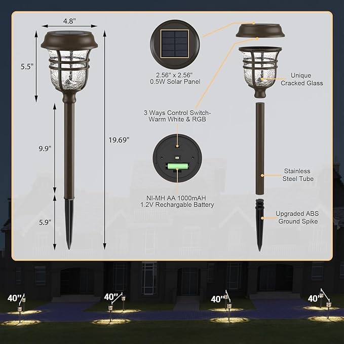 XMCOSY+ Solar Pathway Lights Outdoor Waterproof IP65-2 Lighting Modes Color Changing LED Solar Garden Lights for Yard, Glass Outdoor Lighting for Landscape Walkway Driveway Decor (Warm White & RGB)
