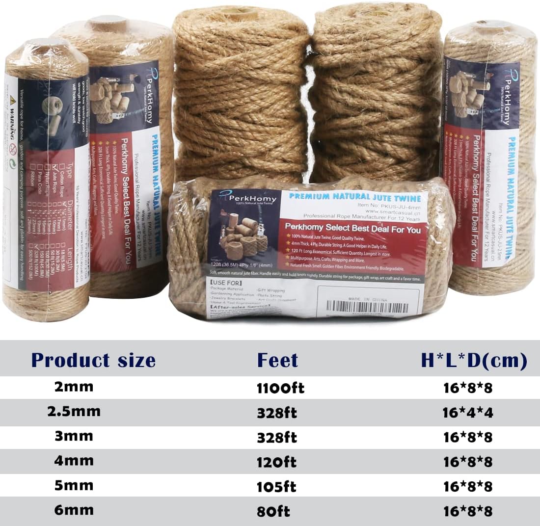 PerkHomy 4mm Jute Rope 120 Feet Twisted Heavy Duty and Thick Twine Rope for Cat Scratcher Scratching Post Tree Craft Projects Gardening Home Decoration Packing Bundling (120FT * 4mm)