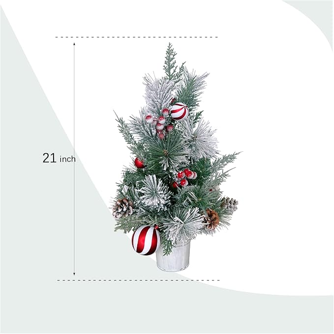 Tabletop Christmas Tree with Snow and Red White Balls for Home Decoration, Small Xmas Desk Tree for Indoor Outdoor, Red Berries Pinecone Small Tree