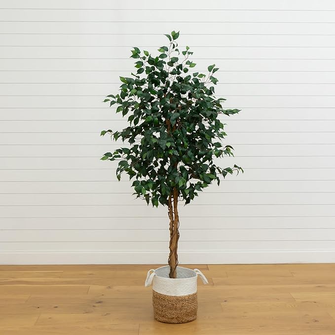Nearly Natural 6ft. Triple Trunk Ficus Artificial Tree with Natural Trunks in Handmade Natural Jute and Cotton Basket Planter