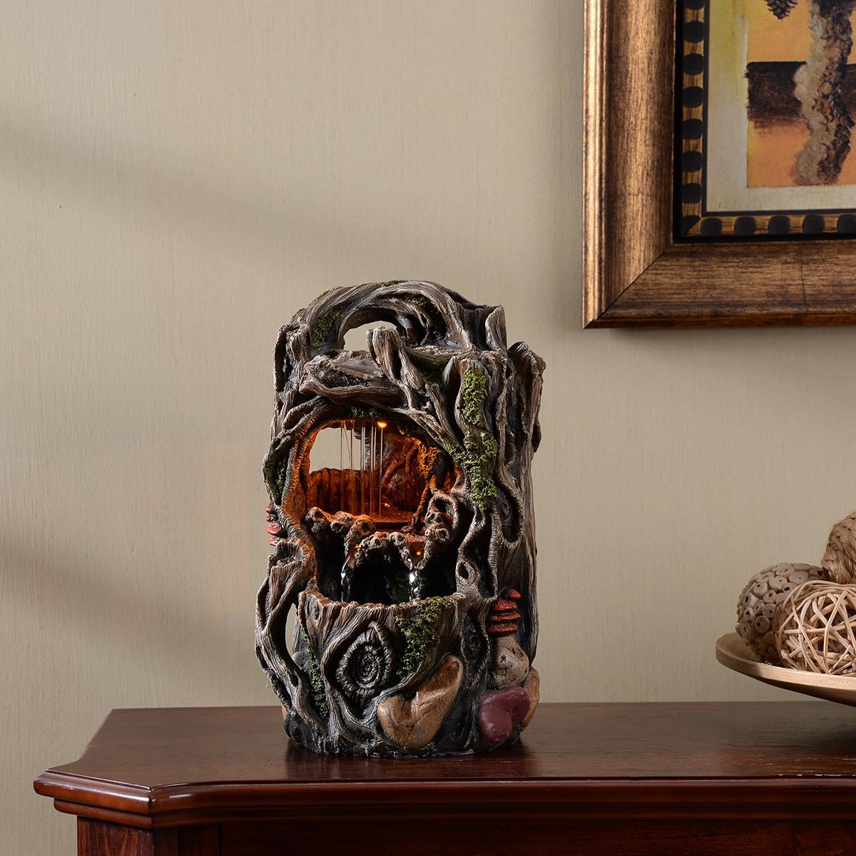 Tabletop Water Fountain, Home Décor Soothing Sound Machine with Automatic Pump, Nature Tree Stump Resin and for Indoor Zen Relaxation for Office, Living Room, or Bedroom Décor