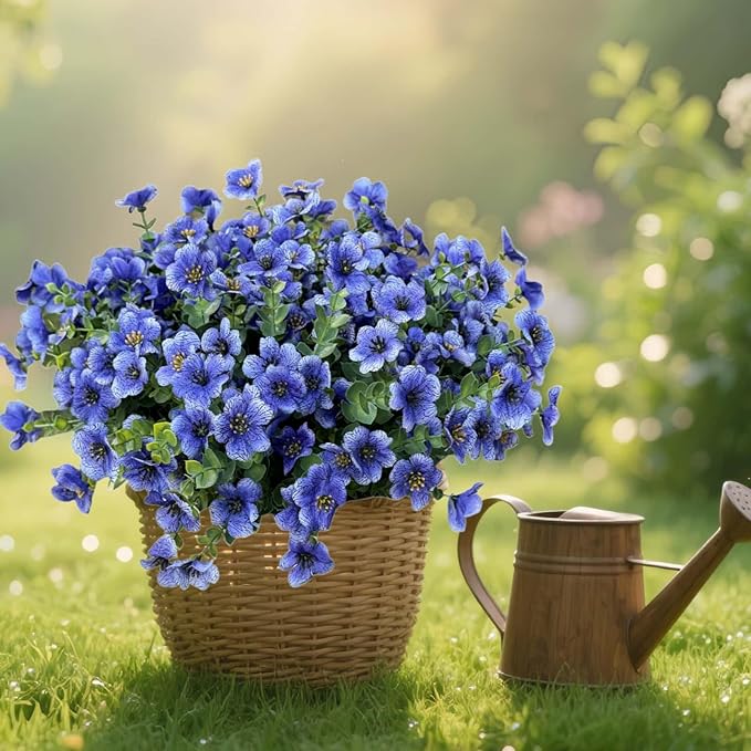 Artificial Flowers Outdoor UV Resistant Fake Plants, 12 Bundles Silk Daisy in Pots for Porch Patio Garden, Faux Potted Home Decor for Outside (Blue)