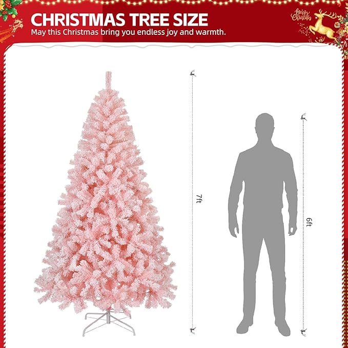 VINGLI 7ft Pink Artificial Christmas Pine Tree with 400 Warm LED Lights, Pre-Lit Flocked Xmas Tree with 1000 Full Branch Tips, Sturdy Metal Stand, 8 Color Modes for Holiday & Party Decorations