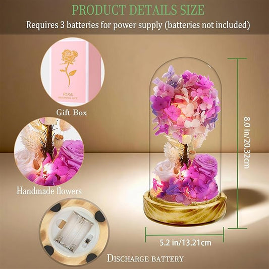 dranmoner Preserved Flower Glass Dome with LED Lights, Handmade Fantasy Purple Hydrangea and Roses Arrangement, Wood Base, for Mom Grandma Wife Friend Used as for Occasions Home Decor