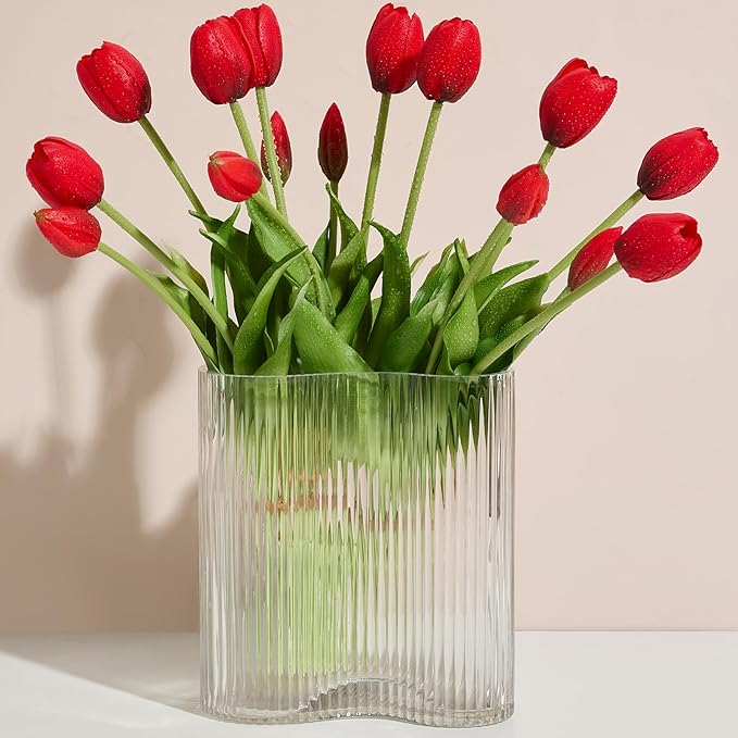 15 Pcs Hot Red Tulips Artificial Flowers Faux Tulips Real Touch Latex Fake Flower Bouquet for Spring Wedding Home Décor Centerpiece Arrangements