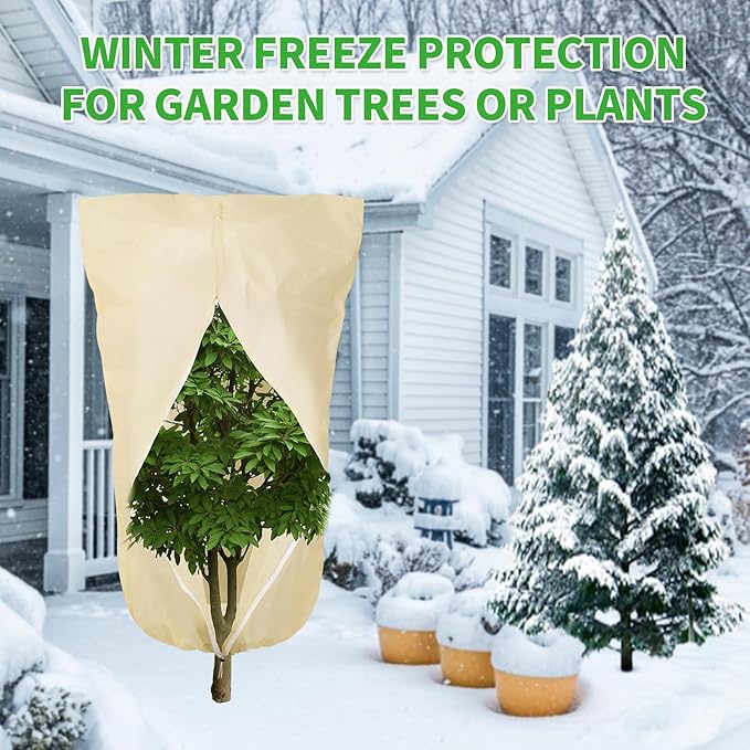 2 Pack 32"x24" Winter Plant Cover Freeze Protection Frost Cloth Blankets, 3 oz/yd² Frost Covers with Zipper Drawstring, Frost Protection Tree Cover for Outdoor Plant Cold Weather Protector