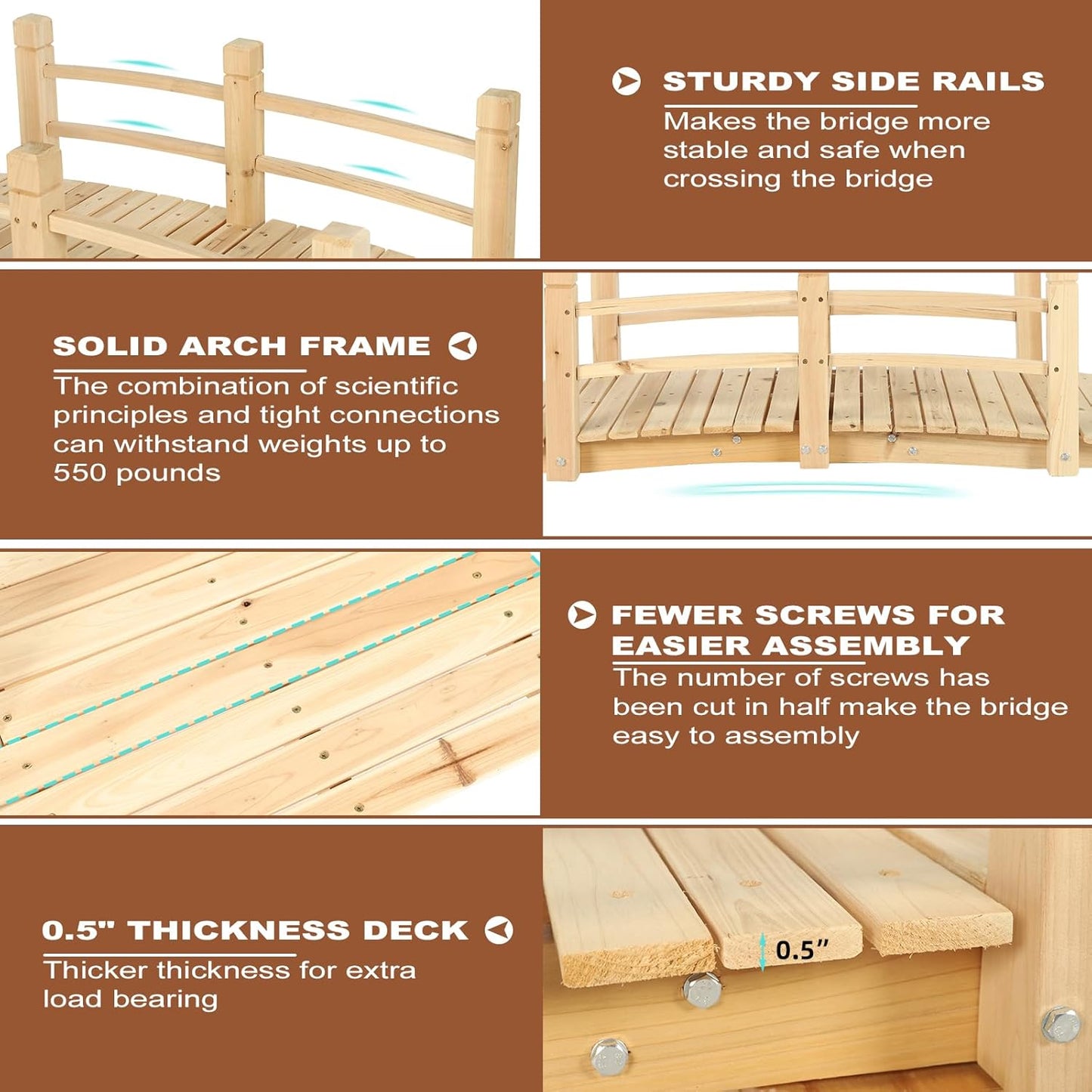 HOMEDIARY Fir Wood Garden Bridge, Outdoor Arc Footbridge Walkway with Double Safety Railings, Decorative Pond Bridge Landscaping w/550lbs Capacity for Backyard Garden Creek Pond Decor, Natural