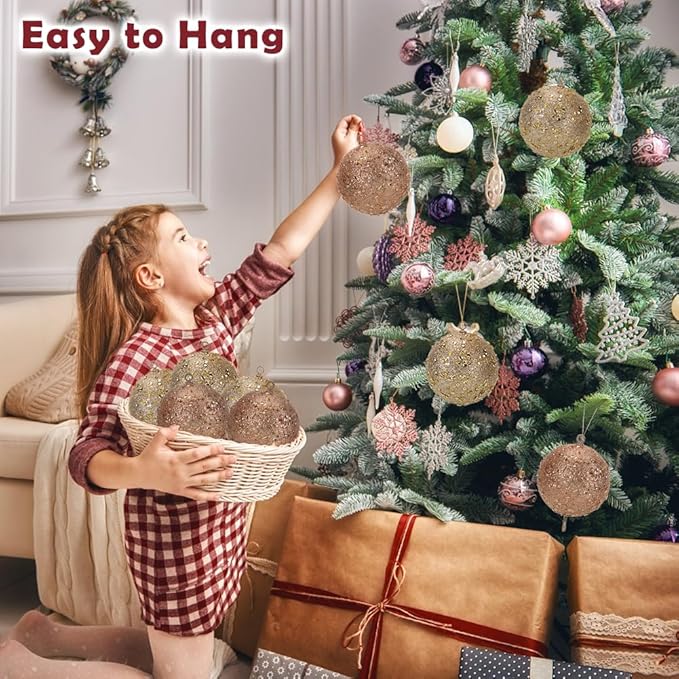 4" Large Christmas Balls Ornaments 6 Pcs Shatterproof Big Champagne Christmas Ornaments for Tree Glitter Big Xmas Tree Ornament for Xmas Halloween Holiday Wedding Party Decoration