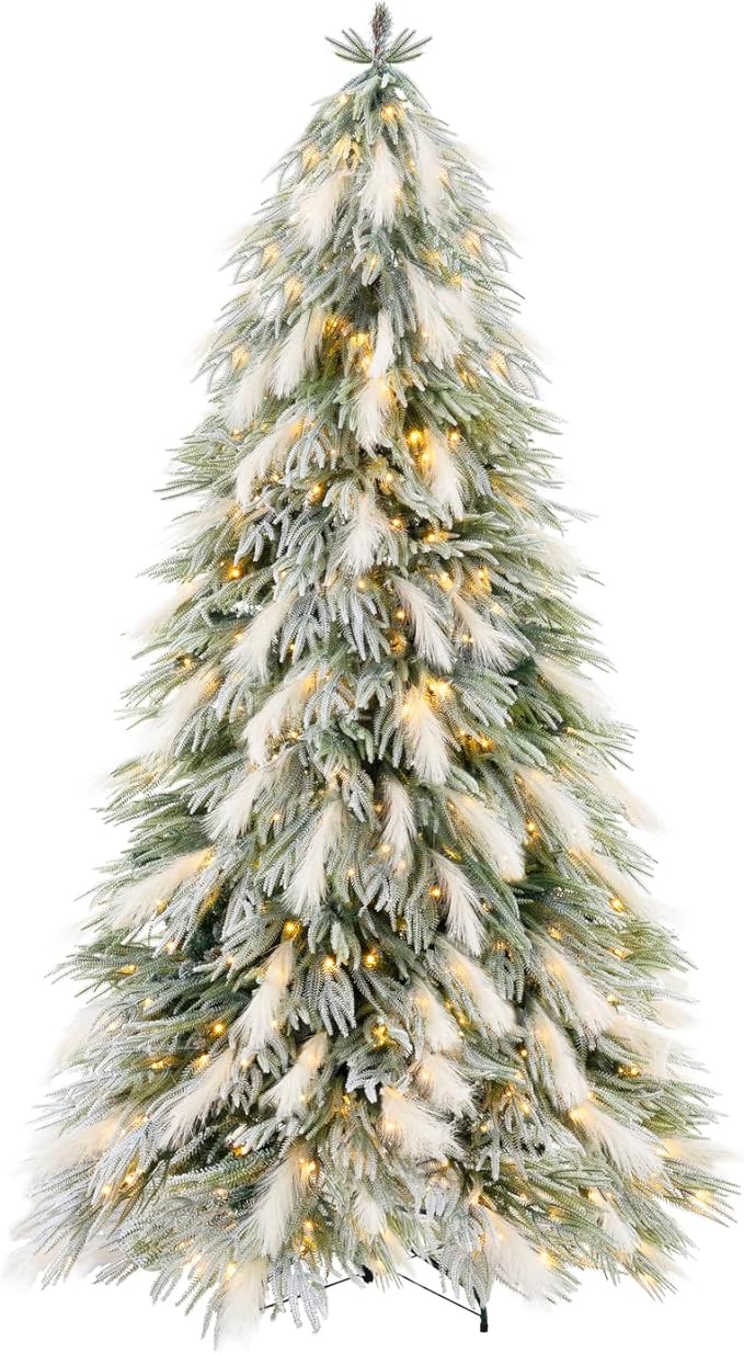 Makenna 6.5ft Snow Flocked Feathery Frosted Prelit Artificial Christmas Tree with 4958 Pampas Tips, 350 Warm Lights and Metal Stand, 40" Wide Realistic Snow Flocked Pine Christmas Tree with Lights