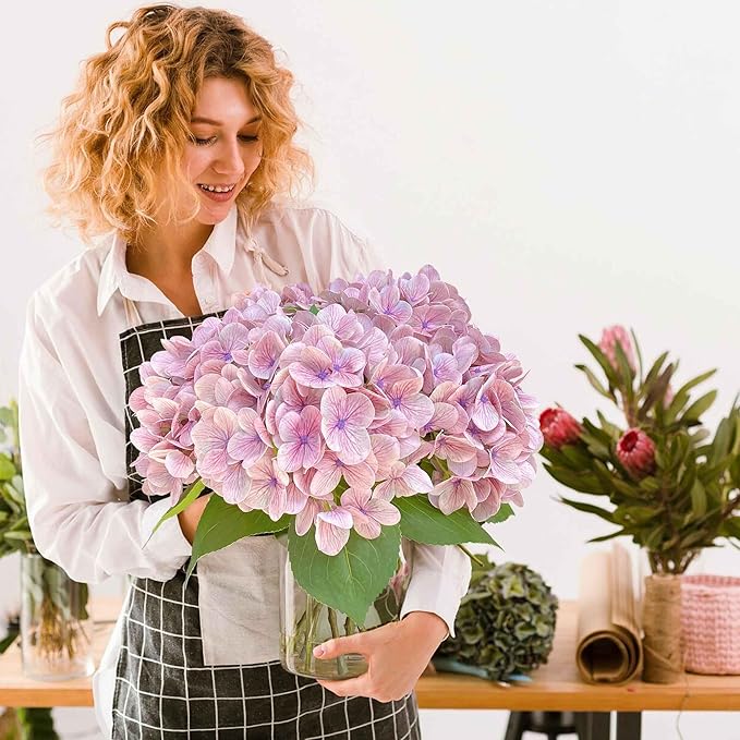 4PCS Ash Purple Hydrangea Artificial Flowers,Real Touch 23 inch Latex Fall Hydrangeas with Long Stems & Leaves for Centerpieces Tables