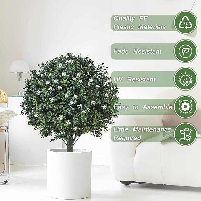 24" Artificial Boxwood Topiary Ball Bush with White Flowers, Set of 2 Artificial Shrub Bushes with Spike, Fake Evergreen Tree for Porch, Artificial Plants for Outdoor Planters Indoor UV Resistant