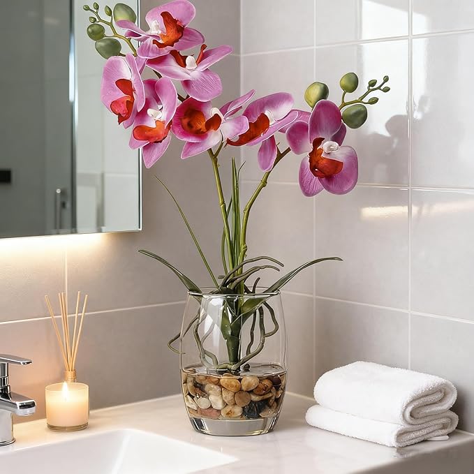 Jusdreen Artificial Purple Orchid in Glass Vase, Realistic Phalaenopsis Arrangement with Potting for Home Office Table Decor, 14.5 Inch Flower Centerpiece