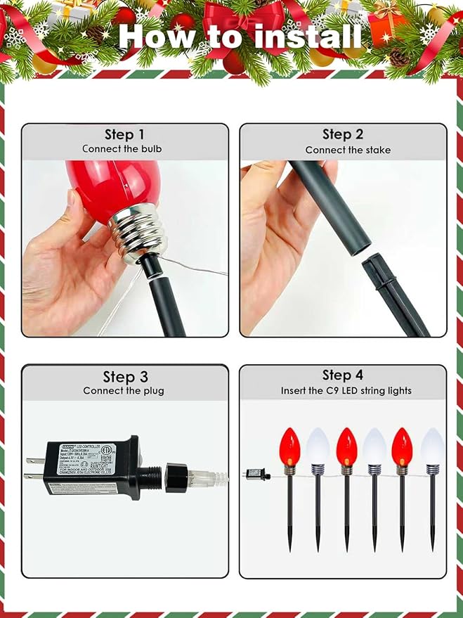 12 Pack Large C9 Christmas Decorations Outdoor, Waterproof C9 Christmas Lights Plug in with 2 Modes and Timer, Pathway Light for Party Indoor Yard Patio Walkway Garden Xmas Decoration (Red and White)