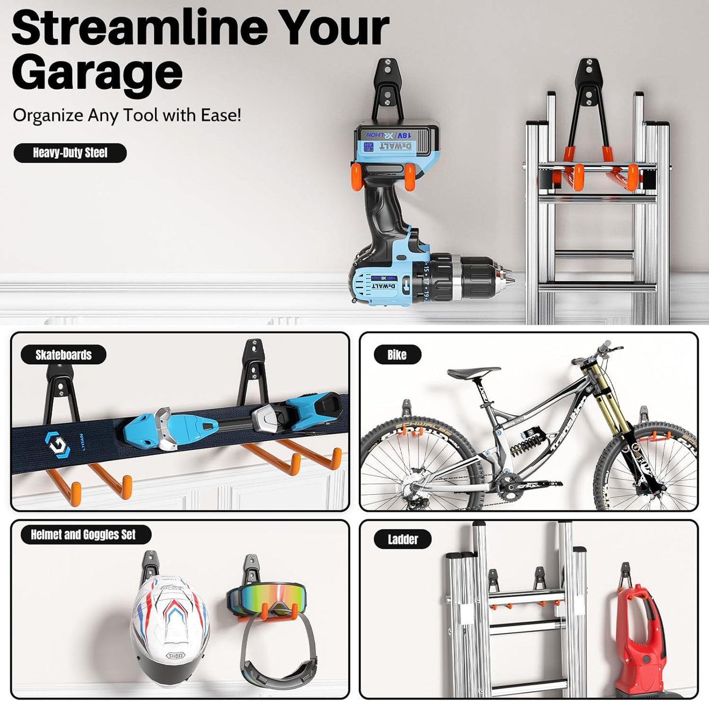 Garage Hooks Heavy Duty 14 Pack Utility Wall Mount Storage Hangers with Mop Broom Holders Extension Cord Holder Organizer for Power Tool Garden Tool Ladder Hose