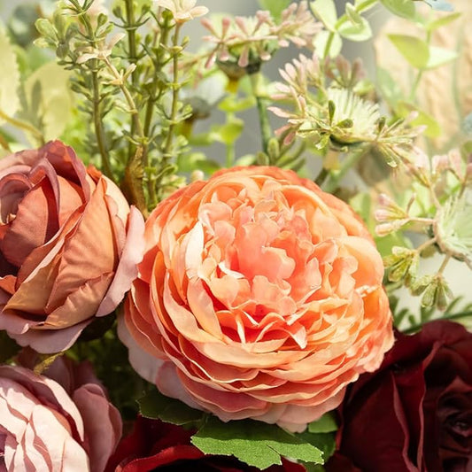 LESING Fake Artificial Flowers with Vase Faux Silk Flower Bouquet in Glass Vase Rose Floral Arrangements Flower for Home Office Decoration, Dining Table Centerpiece (Red)