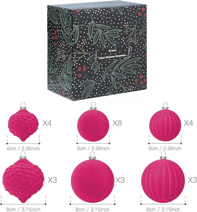 KI Store Velvet Christmas Balls Hot Pink 25pcs Flocked Christmas Tree Ornaments Assortment for Xmas Tree Holiday Decor
