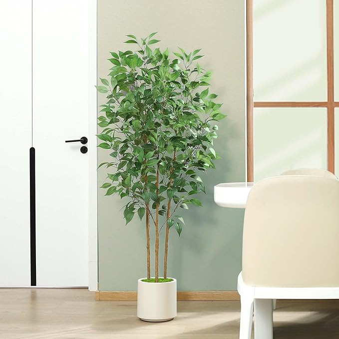 Ficus Artificial Tree 5ft Tall Fake Ficus Tree for Home Decor Indoor Faux Silk Ficus Plant Fake Floor Plant in White Imitation Ceramic Planter with Green Fake Moss, Set of 1