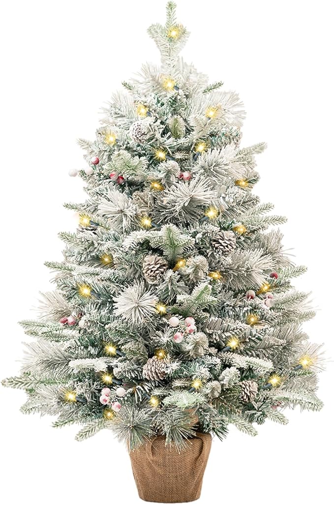 3FT Pre-lit Snow Flocked Christmas Tree, Tabletop Artificial Christmas Tree, Mini Christmas Tree with Pine Cones & Red Berries for Home, Shop Décor
