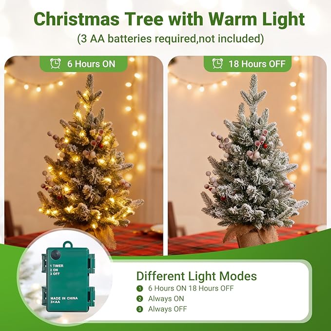 ELYKEN 22'' Mini Christmas Tree with LED Lights, Small Tabletop Artificial Christmas Xmas Holiday Party Decorations with Red Berries Pine Cones for Desk, Indoor Decor