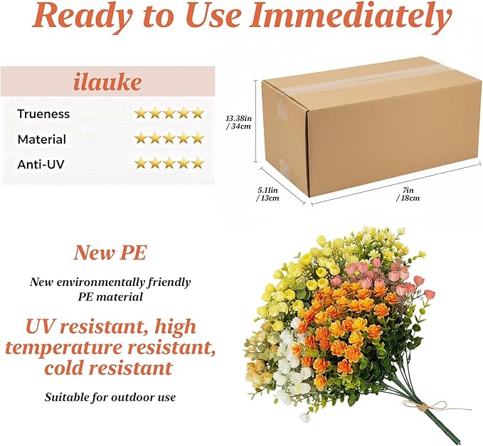 ilauke 7 Bundle Artificial Flowers Outdoor, UV Resistant Fake Flowers in Multicolor, Realistic Faux Flower Roses for Garden Porch Decoration, All Season Fake Plants Bouquet