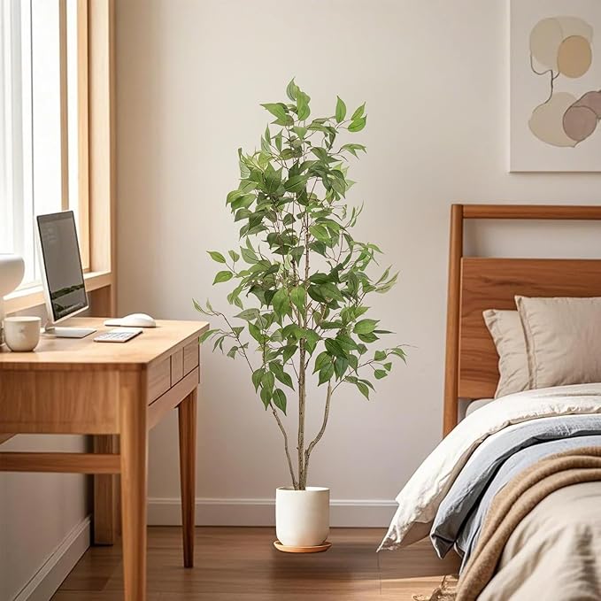 Artificial Fake Ficus Tree 5FT Tall 1Pack with White Planter & Free Moss, Artificial Plants Indoor, Artificial Trees for Home Decor Indoor, Faux Ficus Tree