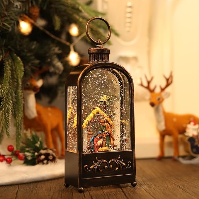 Nativity Scene Snow Globe Christmas Decorations Lantern, Glittering Lighted Plug-in, 3 AA Battery Operated & USB Powered, Nativity Scene Snow Globe Lantern for Christmas Home Decoration and Gift