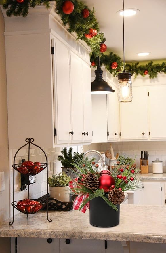 Briful 10 Inch Mini Christmas Tree Artificial Potted with Pinecones Berries and Red Xmas Ball Ribbon Christmas Arrangements Centerpieces Ornaments in 4.7'' Black Ceramic Pot for Home Indoor Table
