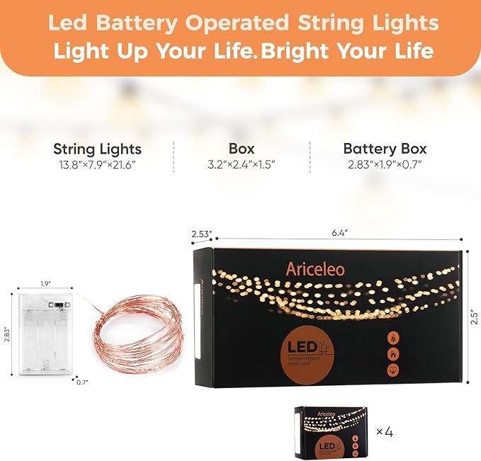 4 Pack 16.4ft Battery Operated String Lights with Timer, Red with Synchronized Twinkle Mode, Fairy Lights Battery Powered, 50 LEDs, Idea for Christmas Bedroom Party Wedding