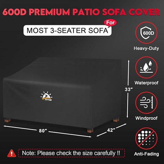 Zettum Patio Sofa Cover 80 Inch - 600D Outdoor Couch Cover Furniture Cover Waterproof & Heavy Duty, Large 3-Seater Bench Cover for Outside Sofa, Loveseat, Couch, Glider and Bench - 80 x 42 x 33 Inch