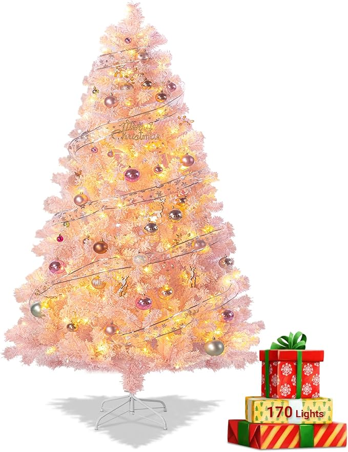 6ft Prelit Pink Artificial Christmas Tree with 150 Warm White LED Lights, Full Snow Flocked Xmas Tree Featuring 1000 Realistic Branch, Easy Hinged Assembly for Home Office Party Decoration