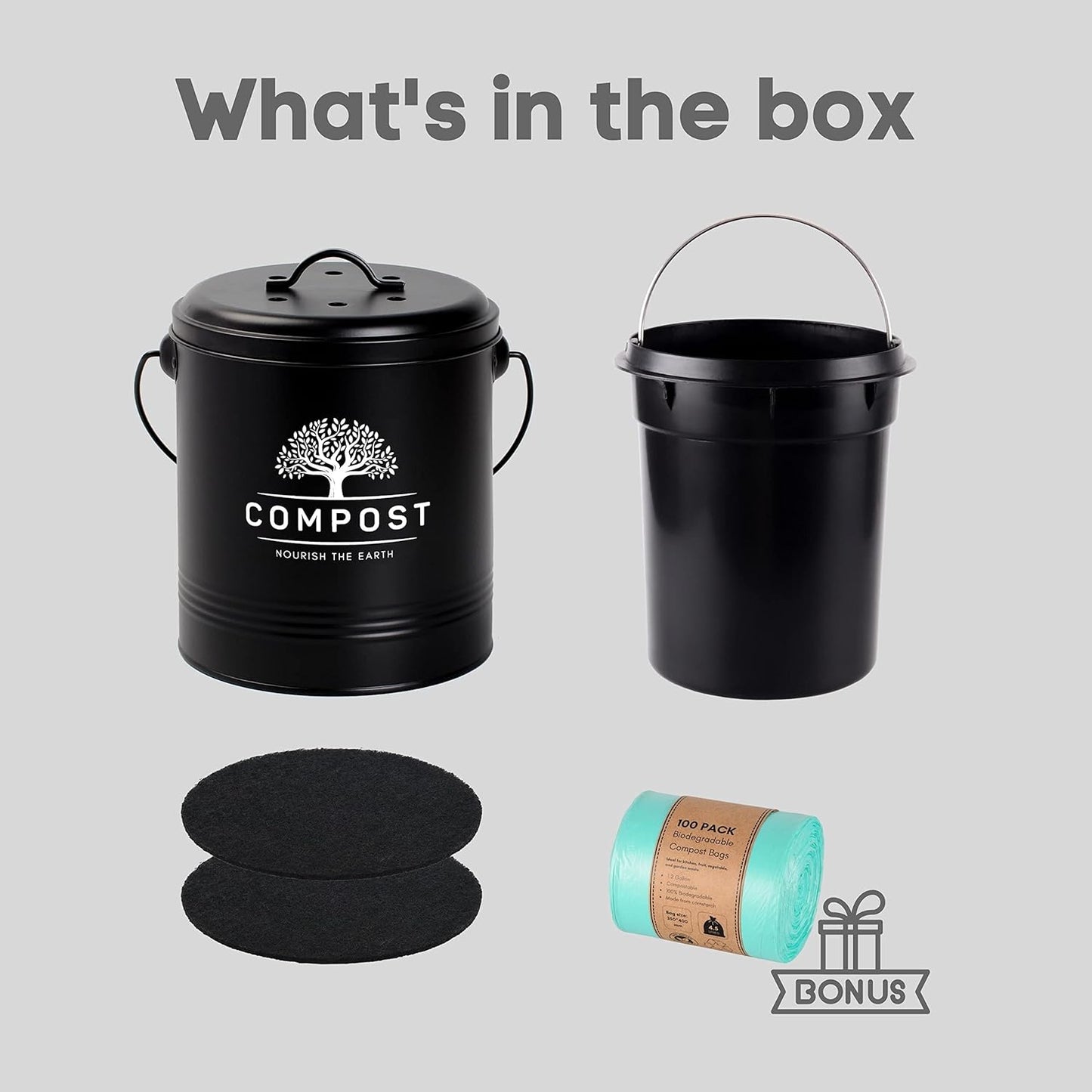 Perfnique Kitchen Compost Bin, 1.3 Gallon Countertop Compost Bin with Lid, Indoor Compost Bucket Includes Inner Bucket Liner and Carbon Filter, Small Compost Bin with Trash Bags (with Bags, Black)