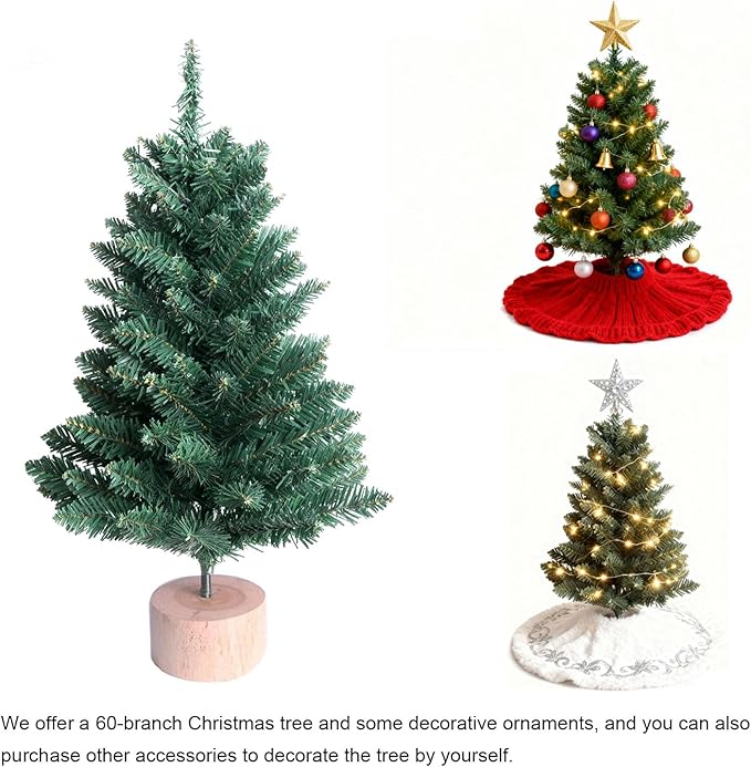 24 Inch Tabletop Christmas Tree, Artificial Mini Xmas Pine Tree with LED String Lights and Ornaments,Christmas Decoration Tree Decor-Red