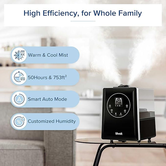 LEVOIT LV600HH 6L Warm and Cool Mist Ultrasonic Humidifier, Rapid Humidification for Bedroom Large Room, Essential Oil Diffuser, Humidity Setting with Built-in Sensor, Auto Mode, Timer, Remote Control