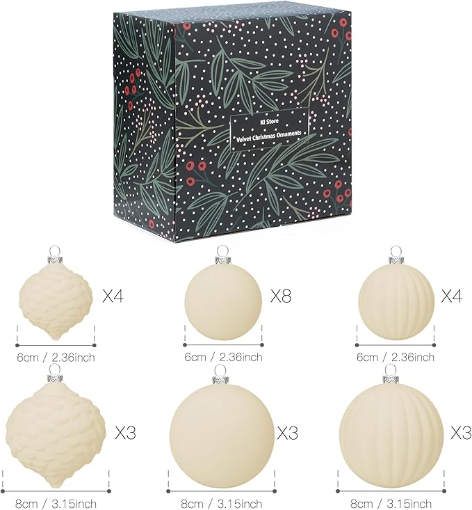 KI Store Velvet Christmas Balls Cream White 25pcs Flocked Christmas Tree Ornaments Assortment for Xmas Tree Holiday Decor