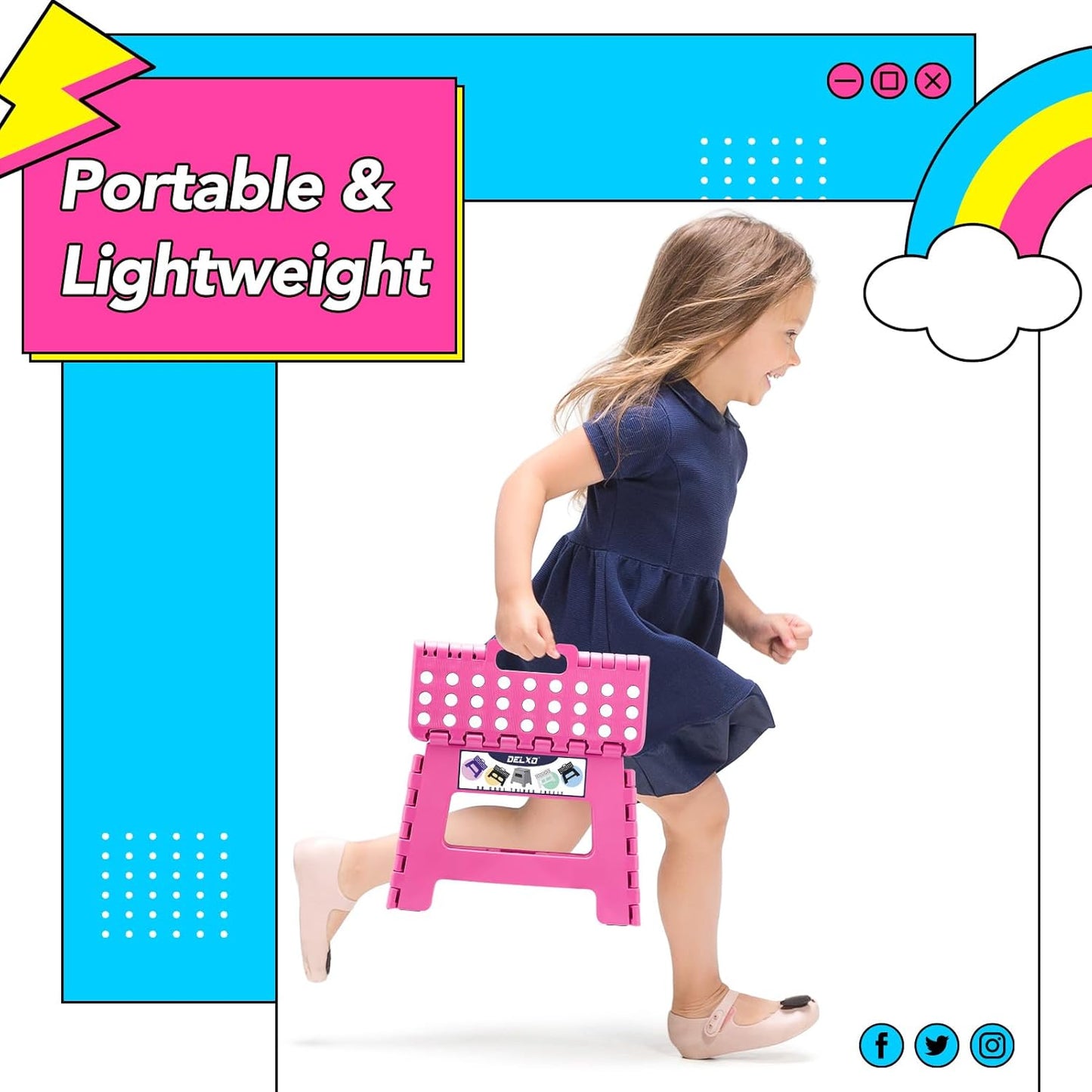 Delxo Folding Step Stool 9 inch Non-Slip Foldable Stools Up to 300 LBS Kids Step Stool with Handle Lightweight for Kitchen, Bathroom, Bedroom, Garden, Rose Pink, 1PC