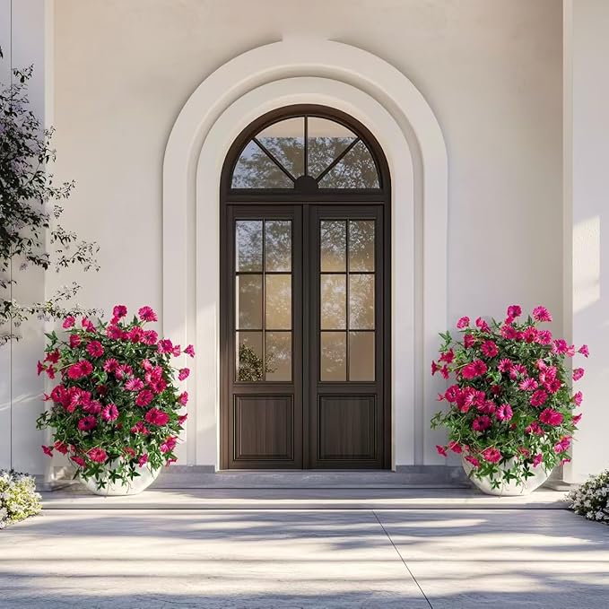 Artificial Flowers Artificial Petunias for Outdoors 2PCS Artificial Hanging Plants Outdoors Silk Flowers with Stems Outdoor Flowers Uv Resistant for Porch Terrace Decor,Rose Red,Without Pot