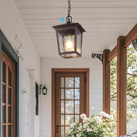 Outdoor Pendant Light, Brown Outdoor Porch Light fixtures with Dusk to Dawn Sensor, Coffee Exterior Hanging Lantern Height Adjustable Outside Chandelier with Water Glass for House Patio Garage