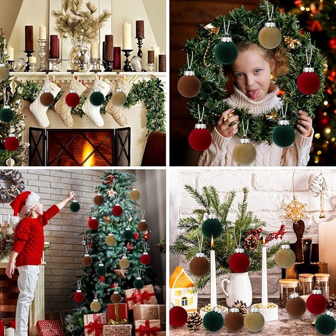 YUJUN 12 PCS Christmas Large Velvet Balls Ornaments 2.36In Shatterproof Red Green Tree Hanging Plastic Ball Set Xmas Bulk Flocked Ornaments for Christmas Tree Home Party Wreath Decorations