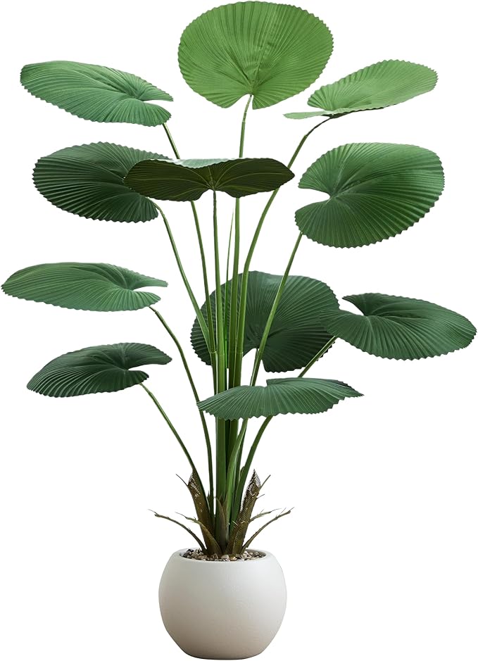 Artificial Fan Palm Tree 5FT Fake Tree Round Leaf Fake Palm Plant, Faux Tropical Areca Floor Plant with Planter, Artificial Silk Plants for Indoor Outdoor Home Office Bedroom Living Room Decor