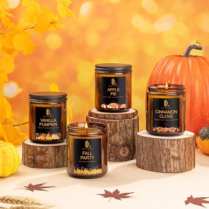 Fall Candle Set, Fall Scented Candles for Home, 4 Pack Soy Candle Set, Autumn Gifts for Women Men, Autumn Scents of Vanilla Pumpkin/Cinnamon Clove/Apple Pie/Fall Party