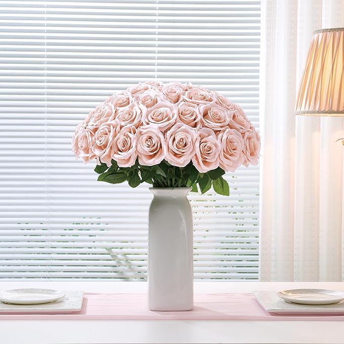 50Pcs Blush Roses Artificial Flowers Artificial Silk Roses Bulk,Fake Roses Flower with Stems Realistic Flowers for Wedding Centerpiece Home Party Decor