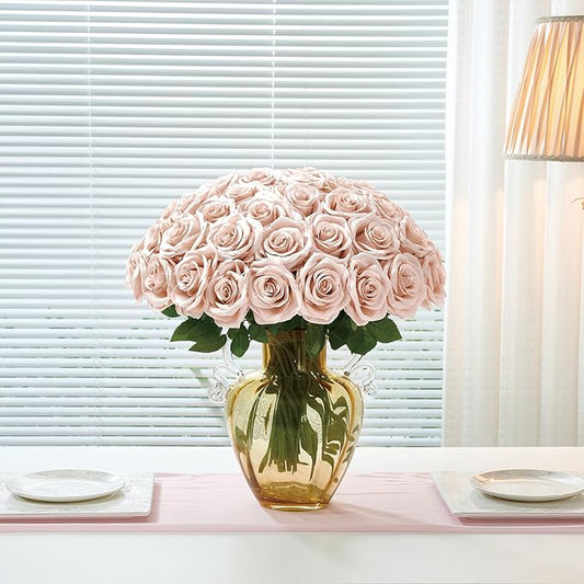 50Pcs Blush Roses Artificial Flowers Artificial Silk Roses Bulk,Fake Roses Flower with Stems Realistic Flowers for Wedding Centerpiece Home Party Decor