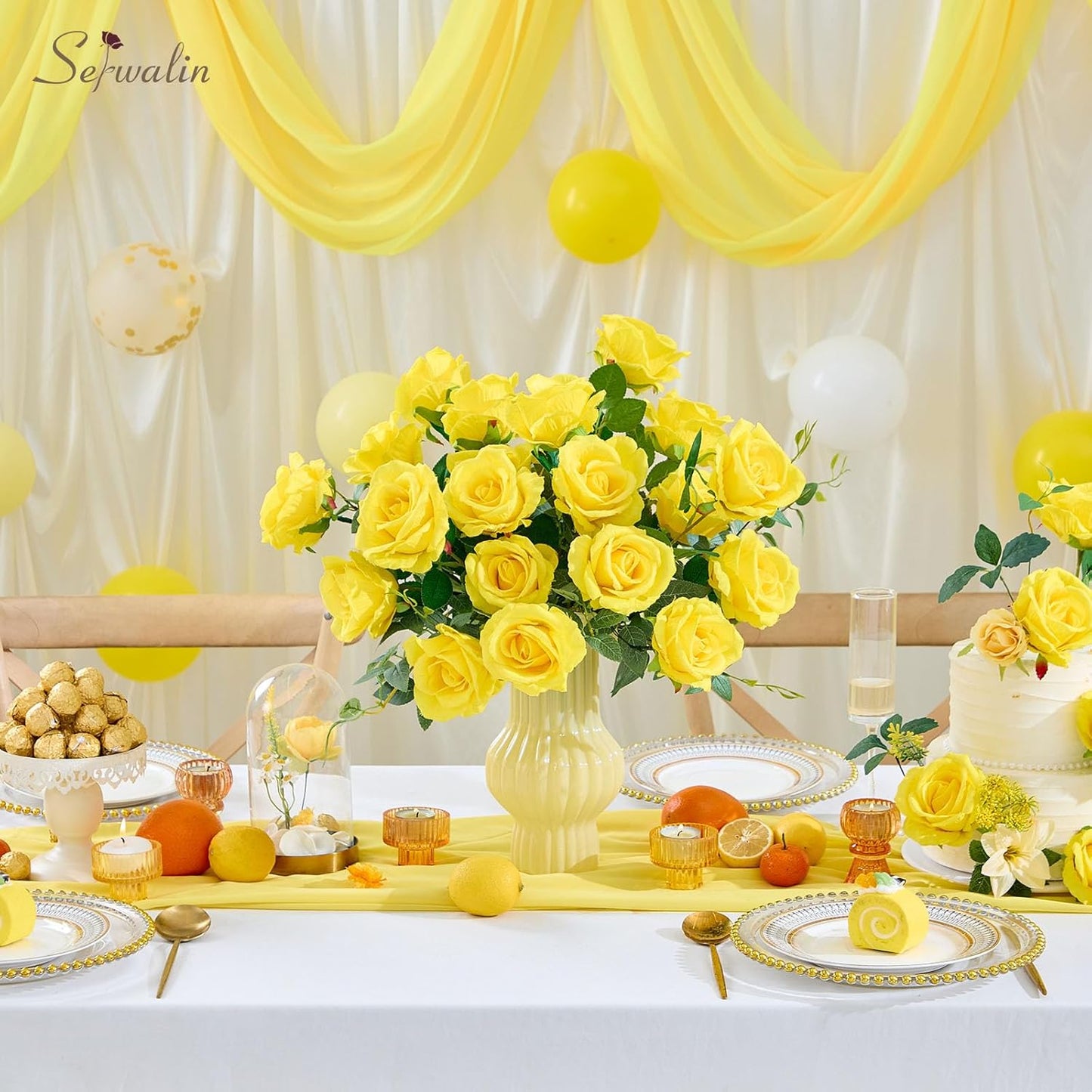 Serwalin 30pcs Artificial Yellow Roses, Realistic Silk Roses Fake Long Stem Artificial Roses for Mother,Wedding Bouquet Table Centerpieces Party Home Birthday Graduation Decorations