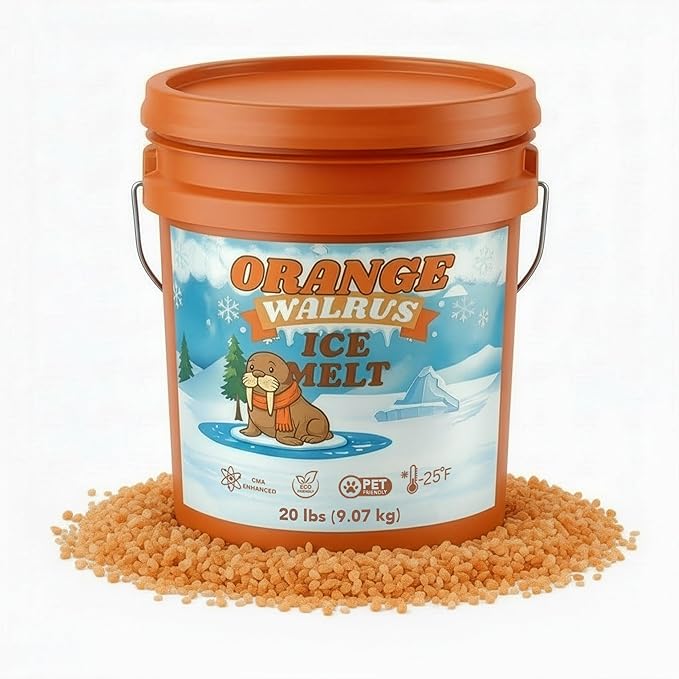 Orange Ice Melt Pail Effective to -25°F, Eco-Friendly De-Icer, Optimal Granule Size for Quick Melting, Ideal for Driveways, Walkways, and Entryways (20 lb)