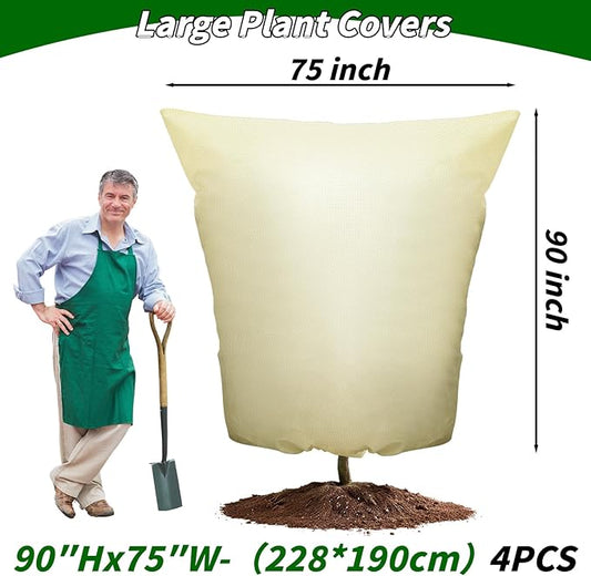 Plant Covers Freeze Protection: 4 Pack 90Hx75W Inch Large Heavy Duty Frost Cloth with Zipper Drawstring, 2.2oz/yd² Frost Blankets for Outdoor Plants, Shrub Trees, Winter & Garden, Beige