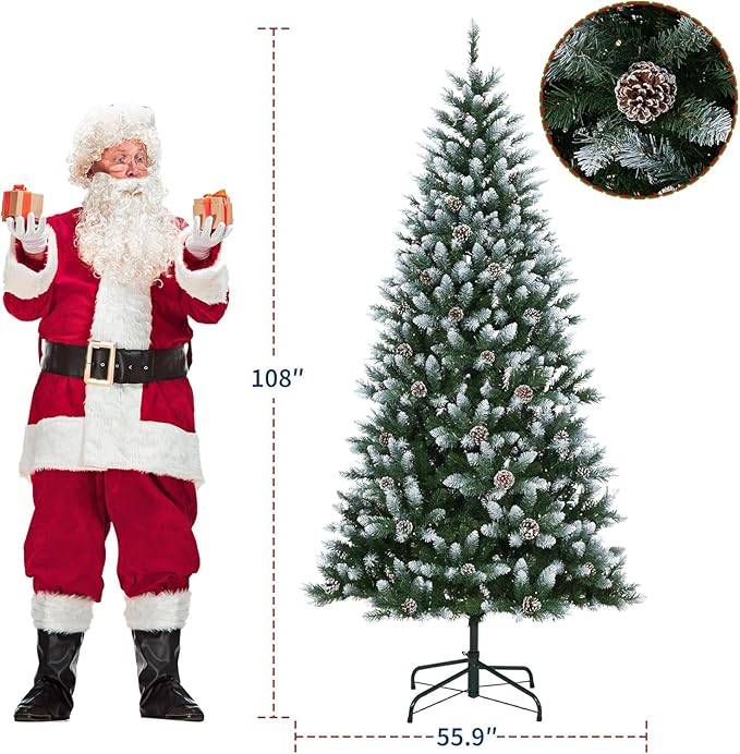 9 ft Pre-Lit Christmas Tree with Pine Cones & 900 LEDs & 1738 Tips - Hinged Stand PVC Holiday Trees Decor for Home/Office/Party