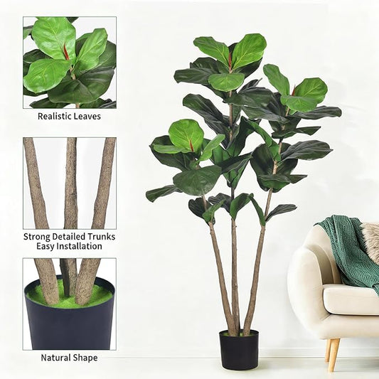 Artificial Fiddle Leaf Fig Tree, 5Ft Faux Floor Plants Fake Tropical Tree with Pot for Indoor Outdoor Office House Living Room Home Decor