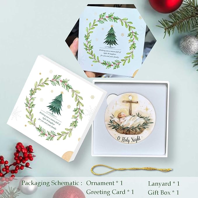 O Holy Night Ornaments Round Ceramic Birth of Jesus Cross Christ Ornament Christmas Keepsake Decor for Christmas Tree Winter Holiday Xmas Gift for Women Men Xmas Hanging Ornament 3" #1