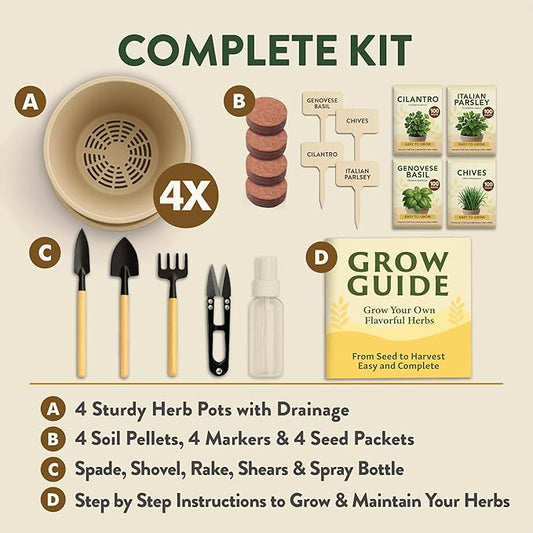 HOME GROWN Herb Garden Planter Indoor Kit – Unique Christmas Gift for Adults, Men, & Women - Grow 4 Heirloom Herb Seeds on Kitchen Window – Beginner DIY Craft & Hobby Gardening Gift for Plant Lovers