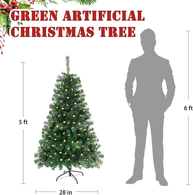 5FT Pre-Lit Green Christmas Tree, Small Artificial Holiday Fir Xmas Tree with 600 PVC Branch Tips, 200 Warm Lights, Foldable Base for Home, Party Decoration